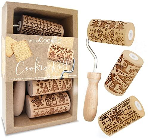 ScrapCooking 3798 Set Cookie Roll Weihnachten – 3 Mini-Gebäckrollen aus Holz mit Motiven – Dekos mit Prägung – Form für Kekse, Sandgestrahlt, Kekse