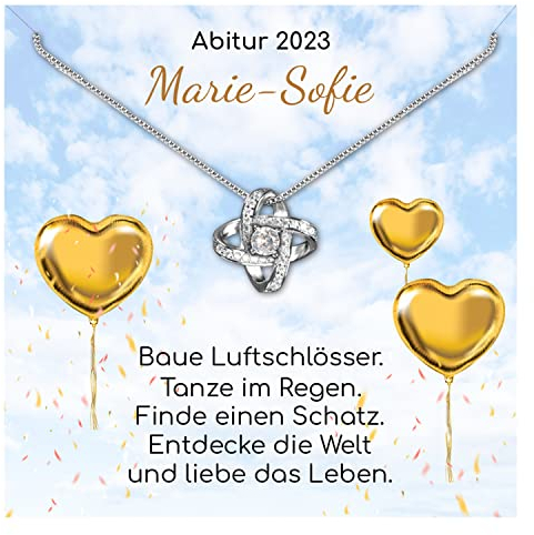 Abschluss Geschenk Abitur, Bachelor, Master mit Jahr und Namen: Halskette „Baue Luftschlösser“ – 14 Karat Weißgold – inkl. Anhänger, Geschenk-Box und Wunschtext – personalisiertes Geschenk (Knoten)
