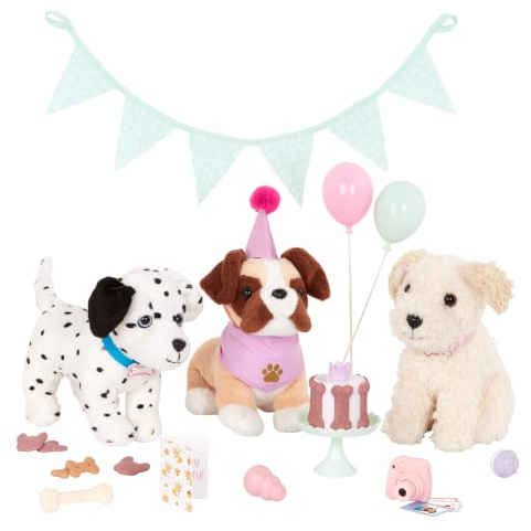 Our Generation Party Pups Zubehör | Geburtstagsset für Hunde | BD35153 | Inklusive Banner, Kuchenständer, Kuchen und vieles mehr | Empfohlen ab 3 Jahren