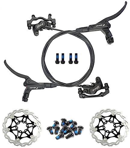 NYK Zoom - Juego de frenos de disco hidráulicos de 4 pistones para bicicleta de montaña, juego delantero y trasero con rotor de disco flotante de 160 mm y pernos de color (negro)