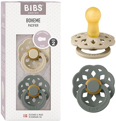 BIBS Boheme Dummy, 6-18 Months, 2-Pack, Round Teat, Vanilla/Pine | Natural Rubber Latex | Size 2 | BPA-Free | Made in Denmark | High Teat Acceptance | Airflow Holes | Comfort Shield