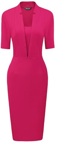 Allegra K Vestido tubo para mujer, cuello en V, manga corta, para trabajo, oficina, vestido midi, Fucsia, S