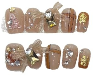 Handmade Christmas Wearing Armor Handmade Light Luxury Style Christmas Tree Bow Nail Patch Short False Nails (Size : S)