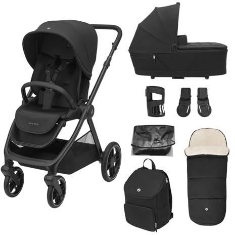 Maxi-Cosi Oxford Pram 7-Piece Bundle, 0-4 Years, 0-22 kg, Compact Folding, All-Wheel Suspension, Spacious seat, 3 reclines, with Carrycot, Footmuff, Diaper Bag, Accessories, Twillic Black