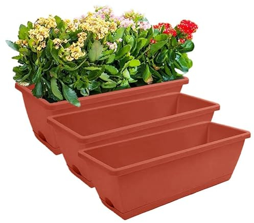 pdodo Juego de 3 maceteros, jardineras rectangulares con platillo, perfectas para alféizar de ventana, balcón, jardinera estrecha para interiores, macetas y hierbas