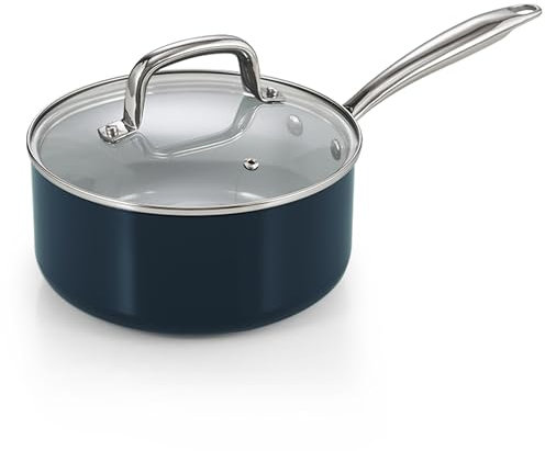 Cook N Home Nonstick Sauce Pan with Glass Lid, 3-Quart Small Saucepan Hard Anodized Non Stick Ceramic Cookware, Induction Cooking Pots and Pans with Stay-Cool Handles, Cacerola, Blue