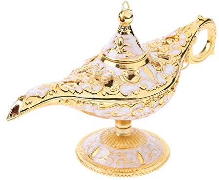 Vintage Aladdin Genie Lampe Tischakzent – Silber-Weiß, klassisches Metalldekor zum Sammeln – lassen Sie Ihre Wünsche wahr werden – Gold-Weiß