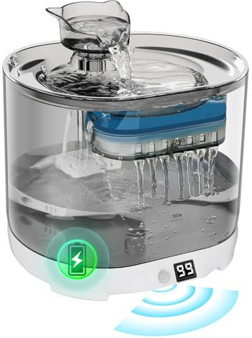 Cat Water Fountain for Drinking Battery Operated - 2.2 L Wireless Cat Fountain with Motion Sensor, 5000 mAh Powered Base, Ultra Quiet Pet Water Fountain 2 Filters