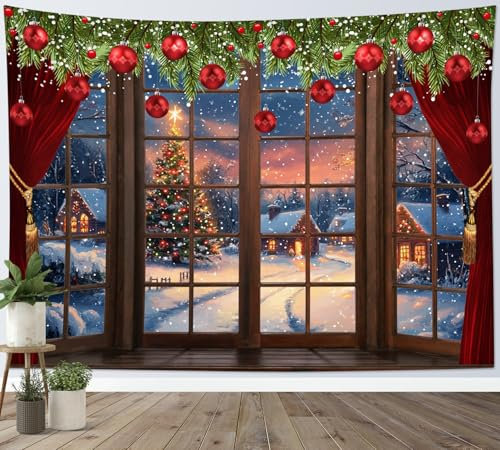 LB Tapiz de Pared Navidad rústica Colgar Pared Árbol de Navidad de Pueblo de Nieve Invernal Tela Pared Bola Roja Ventana Marrón Tapices para Sala Dormitorio Decoración,235x180cm