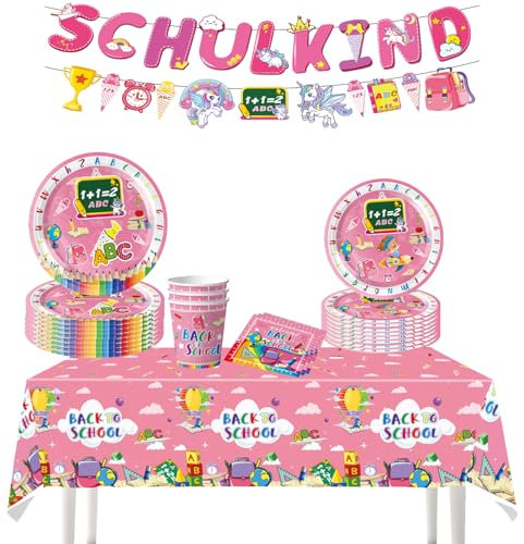 Einschulung Rosa Geschirr Set Schulanfang Partygeschirr Servietten Pappteller Schulkind Papierteller Tischdeko Schultag Tischdeko für Mädchen Jungen