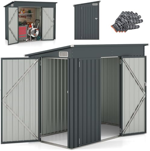 MZBDYYF 8 x 4FT Metal Garden Shed - Galvanized Tool Storage Shed with Air Vents, Lockable Front & Side Doors, Slope Roof Utility Shed for Patio, Backyard, Garage, Lawn