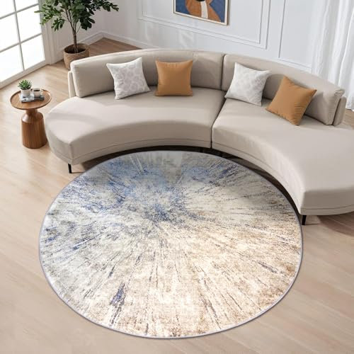 Jiyuhang Runder Teppich für Couch 200 cm Ø | Antislip & Maschinenwaschbar | Abstraktes Graublau-Muster | Moderner Kurzflor für Wohnzimmer Schlafzimmer | Weich Minimalistisch