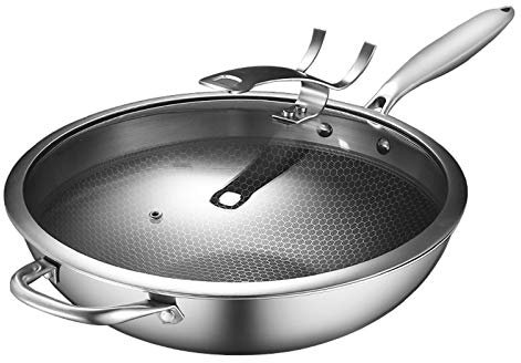 MYUYEE 304 Stainless Steel Woks and Stir Fry PansHoneycomb Nonstick Skillet Frying Pan with Glass Lid Scratch-Resistant Cookware32CM,32cm