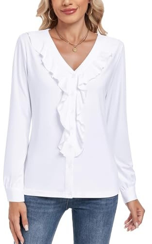 WOWENY Camicetta da donna con scollo a V, elegante volant, a maniche lunghe, slim fit, a maniche lunghe, casual, da donna