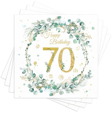 finemark Lot de 60 serviettes en papier jetables pour 70e anniversaire Motif eucalyptus vert menthe