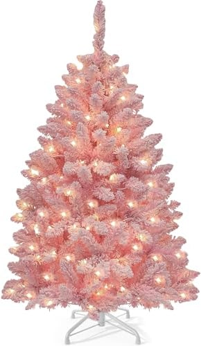YITAHOME137cm Prelit Pink Flocked Spruce Artificial Christmas Tree, Pre-Lit Pink Christmas Tree with 400 PVC Tips and 200 Warm-White Lights for Home, Office Decoration