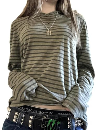 Womens Y2k Striped Grunge Shirts Oversized Long Sleeve Sweatshirt 2000s Vintage Harajuku Teens Girls Tee Tops Streetwear