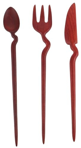 Cabilock Lot de 3 Épingles à Cheveux Vintage en Bois Rouge Style Ancien Chinois Formes Fourchette Cuillère et Couteau Accessoires Coiffure Féminine Traditionnels pour Chignons