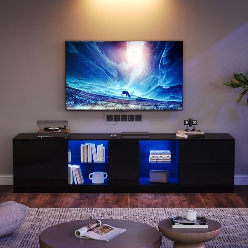 Merax LED TV Lowboard, Hochglanz TV Board für 65 Zoll Fernseher, TV Schrank mit 2 Schubladen & Schranktür, Glasablage & LED Beleuchtung, modernes TV Möbel für Wohnzimmer,160 x 40 x 52 cm, Schwarz
