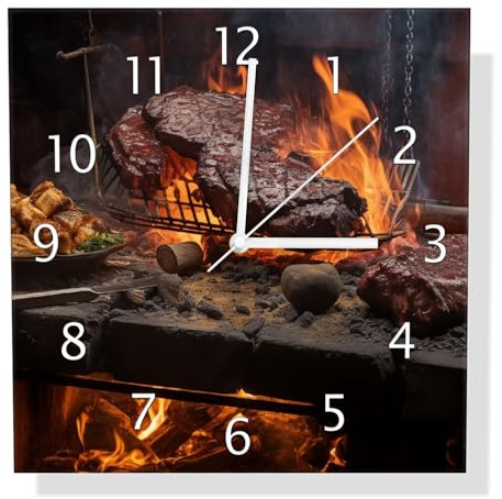Wallario Design-Wanduhr Urige Grillkunst: Steakschmiede aus Glas, Motiv-Uhr Größe 30 x 30 cm, weiße Zeiger