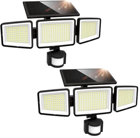 UME Lampe Solaire Extérieure, 302 LED, 1500 lm, Imperméable, Détecteur de Mouvement, Projecteur 3 Têtes, Angle d’éclairage large 270°, 3 Modes d’éclairage, Luminaire Extérieur pour Jardin