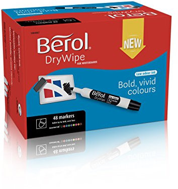 Berol DryWipe Whiteboard Marker Pens | Bullet Tip | Assorted Colours | Low-Odour Ink | 48 Dry Erase Markers