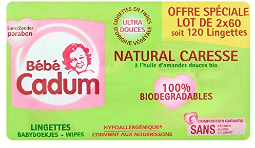Bébé Cadum Natural Caresse Hygiène et Soin Bébé Lingettes, 2 x 60 unités