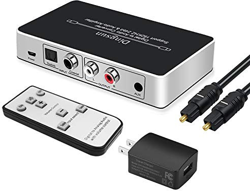 Optischer zu RCA, digitaler zu analoger Audio-Konverter, optischer zu Analog-Konverter mit Fernbedienung, DAC-Konverter unterstützt 192 kHz/24 Bit mit IR-Fernbedienung, optischem Kabel und Netzadapter