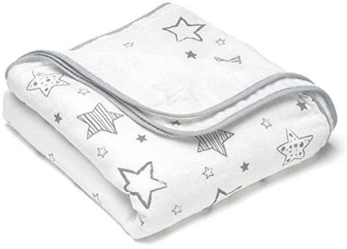 MAKIAN Kuscheldecke Sommer Babydecke Sterne - 120x120 cm, 100% Baumwolle, Oeko-TEX® Standard 100 geprüft/Kinderdecke zum Schlafen, Wickeln, Krabbeln & Spielen - Weiß Grau