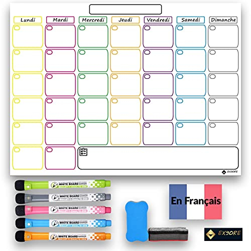 Whiteboard, magnetisch, Organizer für Monat, Schiefer, abwischbar, für Kühlschrank, Küche, 5 Marker und 1 magnetischer Radiergummi, ideal für Aufgabenplanung, Menüs und Einkaufsliste, auf Französisch