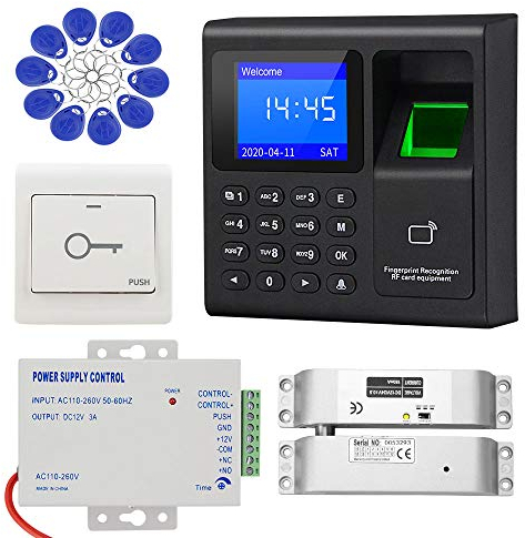 KDL Sistema Completo de Control de Acceso RFID Teclado con Controlador de Huellas Dactilares, Fuente de alimentación DC12V / 3A, Cerradura de eléctrico con botón de Salida para Todo Tipo de Puertas