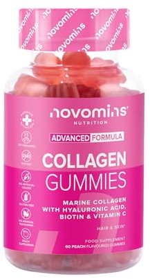 Collagene Marin et Acide Hyaluronique - Gummies de Collagène avec Vitamine C & Biotine - Collagène Hydrolysé Supérieur de Type 1-60 Gummies Pousse Cheveux - Peptide de Collagene - Novomins
