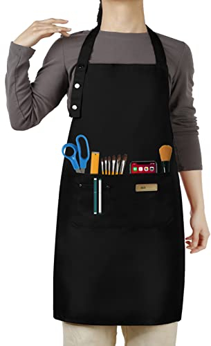 Künstlerschürze, Garten-Töpfer-Malschürze für Erwachsene und Frauen, 3 Taschen, verstellbare Latzschürze für Kunst, Gartenarbeit, Kochen, Schwarz, Schwarz