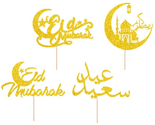 PRETYZOOM 4 Stück Eid Mubarak Cupcake Topper Ramadan Kuchen Topper Muslimischen Gold Glitzer Tortenaufsatz Kuchen Sticks Islamische Torte Picks Kuchendeckel für Muslime Party Torten Dekoration