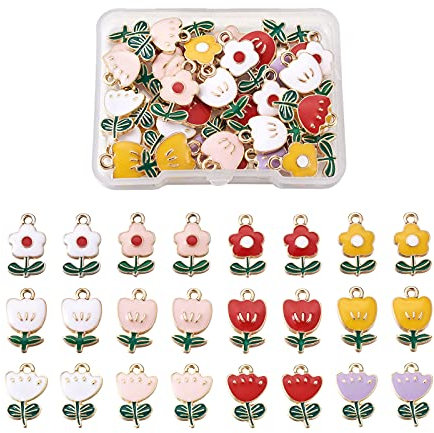 Cheriswelry 48pcs Alloy Enamel Flower Pendants 3 Styles Rose Floral Petal Dangle Charms Beads for DIY Jewellery Bracelet Earring Making(4 Colors)
