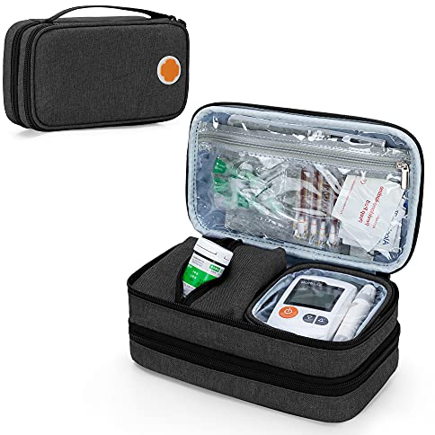 CURMIO Bolsa Insulina, Doble Capa Bolsa de Viaje para Insulina, Estuche de Insulina, Bolsa de Diabetico con Bolsillos Desmontables para Bolígrafos de Insulina, Bolsa de Hielo,Negro (Sola Bolsa)