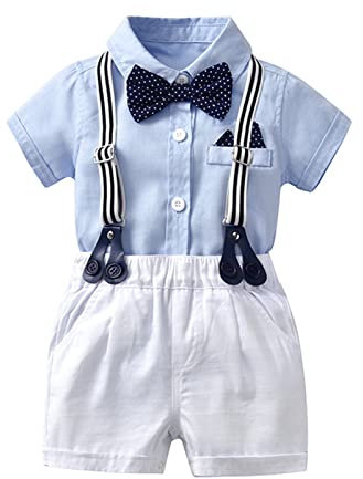 Volunboy Bimbo Neonato Completini e Coordinati Gentiluomo, Fiocco Camicia e Bretelle Pantalocini(Blu,18-24 mesi,Taglia 90)