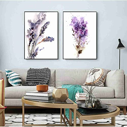 Abstrakte botanische Wandkunst Lila Lavendel und Flieder Poster Drucke Blumen Malerei Leinwand Malerei Bilder Zimmer Wohnkultur 50 x 70 cm x 2 ungerahmt