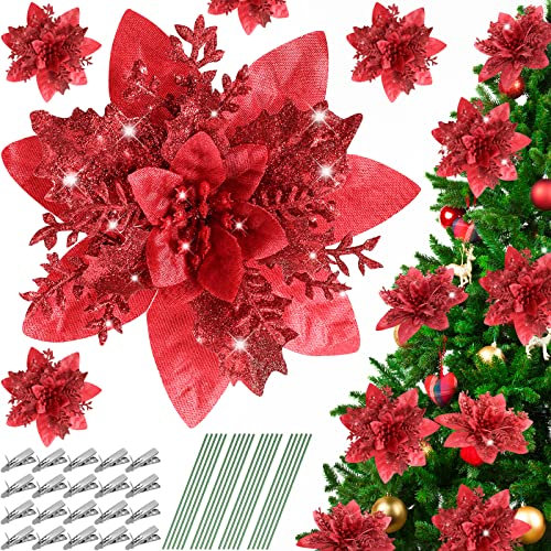 Serwalin 20pcs 14cm Weihnachten Blumen künstliche Poinsettia Blumen Dekorationen mit Clips Stiele Glitter Weihnachtsbaum Ornamente Weihnachten Hochzeit Party Kranz Girlanden DIY (rot)