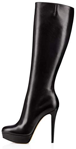 Stivali al Ginocchio A Stiletto, Stivali Lunghi con Cerniera Laterale Impermeabili con Plateau E Punta Tonda, Stivali in Pelle da Donna con Tacco Alto (Color : Black, Size : 38 EU)