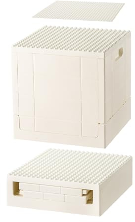 SHIMOYAMA Collapsible Storage Box with Baseplate Lid for Duplo, 25L Stackable Bin with Separate Building Board for Lego, 26 Qt. Folding Container for Lego Duplo Mega Bloks Storage (White)