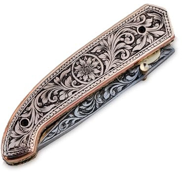 GLADIUS CRAFTS Squisito coltello pieghevole realizzato a mano da 22,9 cm – Lama in acciaio D2 da 10,2 cm con manico in rame inciso a mano da 12,7 cm – ideale per collezione, strumento edc o qualsiasi
