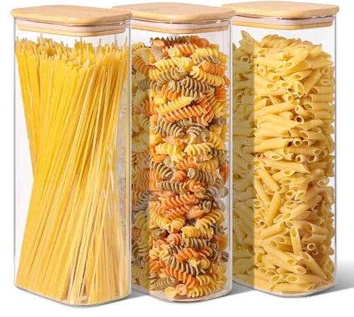 ComSaf 2100ml Rechteckige Glasbehälter mit Deckel 3er Set,Vorratdosen Glas mit Deckel, Luftdichte Vorratsglas zur Küchenzutaten, Verratsgläser für Spaghetti, Nudeln, Mehl Vorratsgläser mit deckel