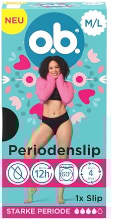 o.b. Periodenslip, wiederverwendbare Periodenunterwäsche bei starker Periode, Menstruationsunterwäsche für bis zu 12 Stunden Auslaufschutz, erhältlich in den Größen XS/S, M/L, XL/XXL (1 Stück)