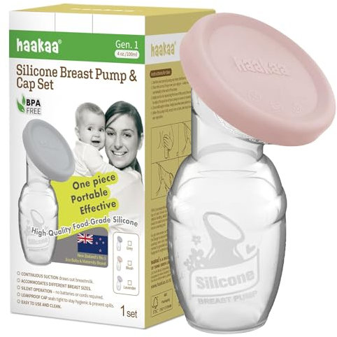 haakaa Manual Breast Pump Breastfeeding Pump with Food Silicone Cap (Blush) 4oz/100ml