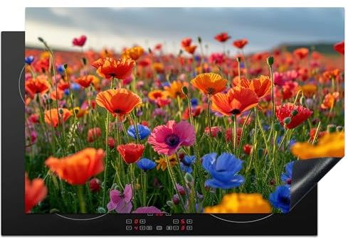 KitchenYeah© Protection Plaque Induction 80x52 cm Protege Deco Cuisine Cache Protège De Cuisson Accessoires Fleurs - Colorées - Champ de fleurs - Plantes - Orange