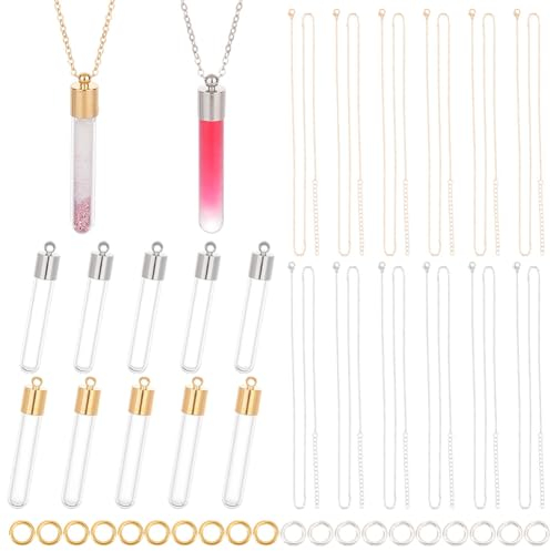 PH PandaHall 16 Sets Vial Pendant Glass Vial Necklace, Golden Platinum 16Pcs Chains Necklace Tiny Clear Bottle Hourglass Memory Wish Bottle Empty for DIY Beads Perfume Hair Jewellery Making