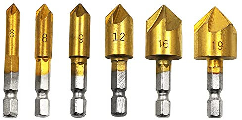 Treki 6PCS Fraise à Chanfreiner 82 Degrés HSS 1/4 Hex Fraise à Chanfreiner 5 Flûte Foret à Bois Queue Hexagonale Fraise Conique 6mm/8mm/9mm/12mm/16mm/19mm Trou Tailleur Titane Revêtu
