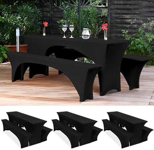 Lumaycens DREI 3er-Set Biertischhussen 220 x 50 x 70 cm, hussen bierzeltgarnitur, schwarz, Stretch-Bezüge für Biertisch-und Bankgarnituren, Bierbankhussen, Spandex-Bierzeltgarnitur für Bankett