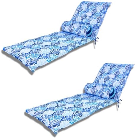Set mit 2 Kissen für Liegestuhl & Liegestuhl, 195/60 cm + 2 Nackenrollen, UV-beständig und wasserdicht, Motiv blaues Blattwerk